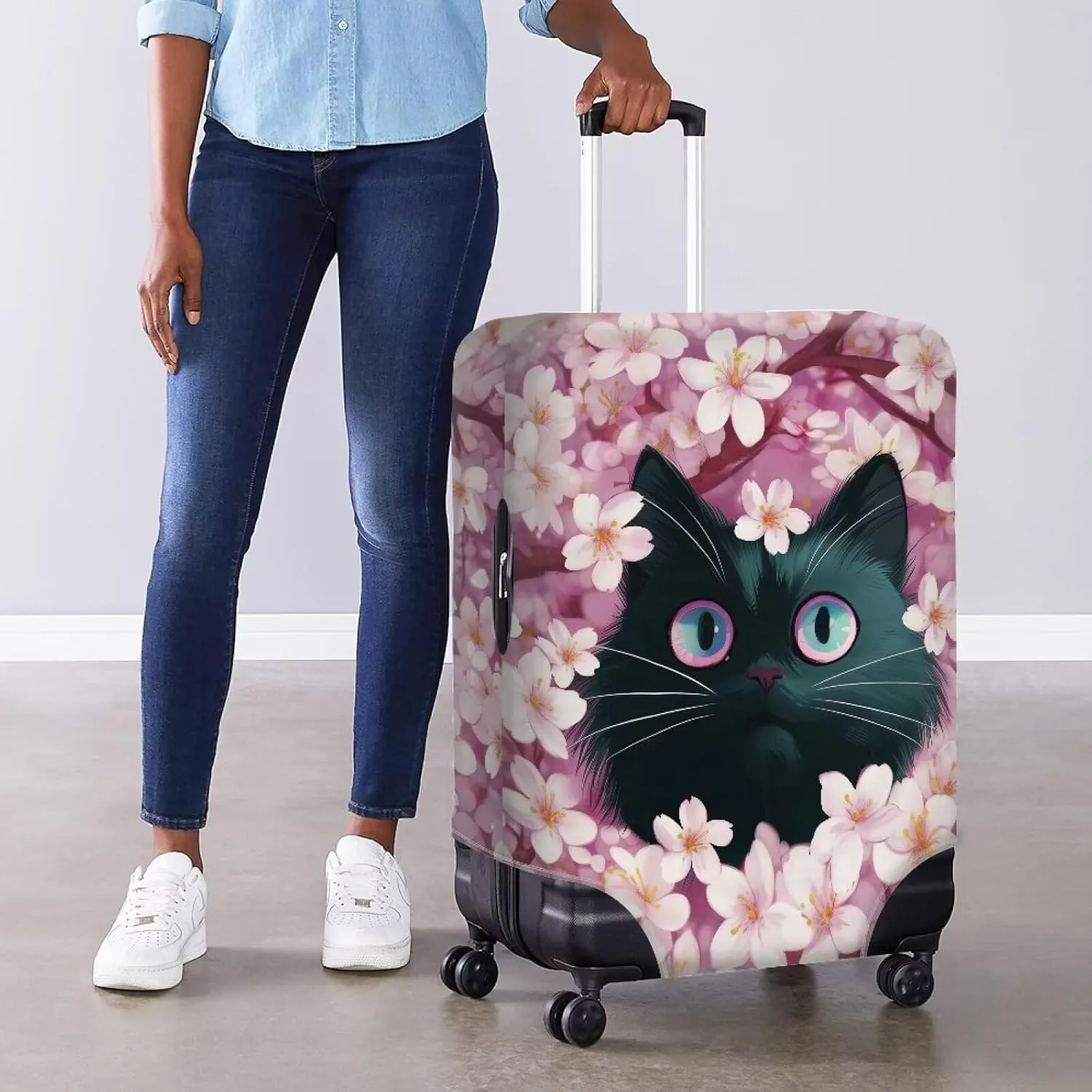 Reuasble Luggage Cover - Waterproof Baggage Covers Dustproof & Scratch-Resistant Protective Coevrs with Zipper for Travel Lovers Black Cat