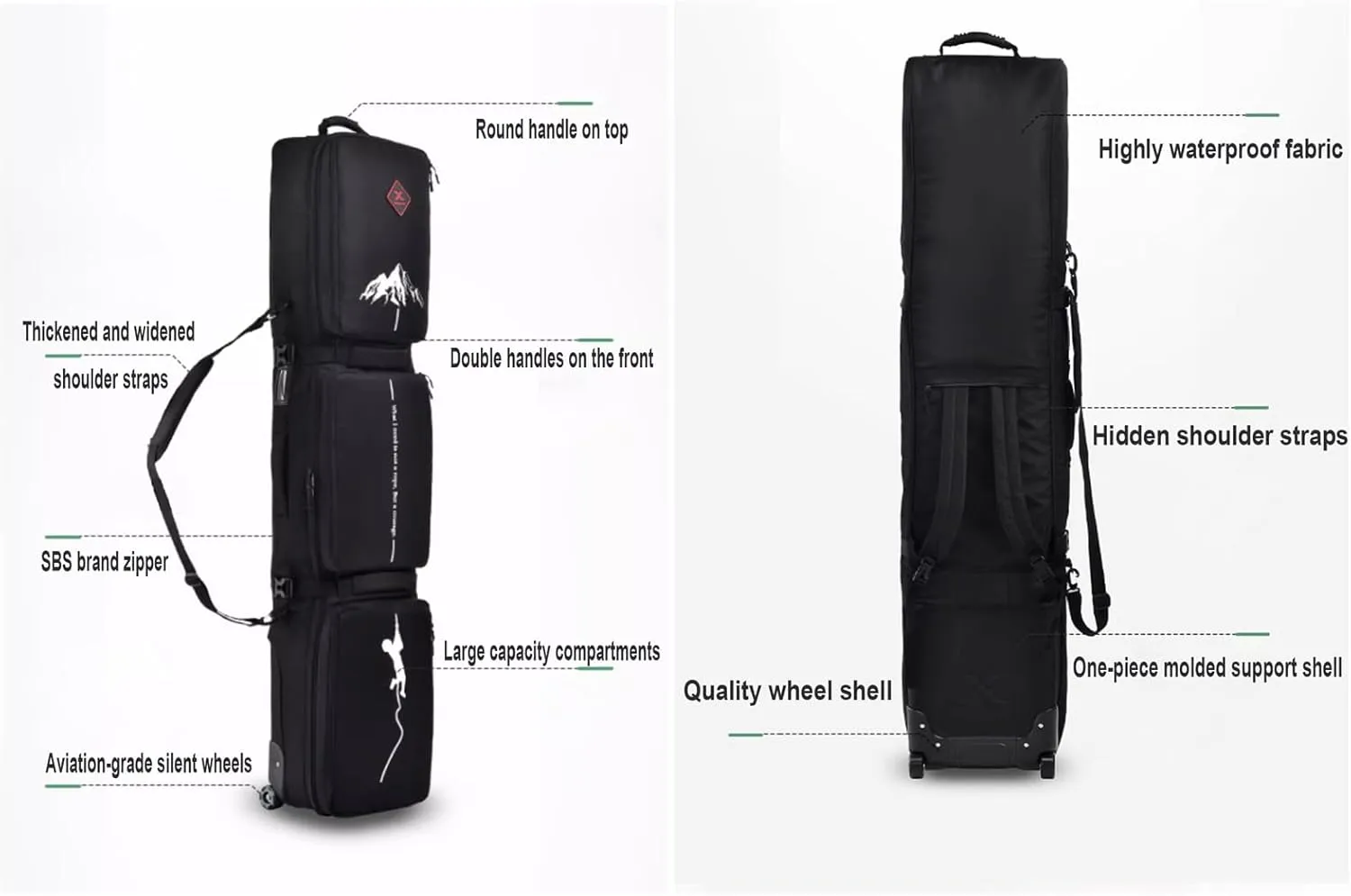 Roller Snowboard Bag with Wheels Snow Ski Bags for Air Travel Double Rolling Ski Bag Foldable Wheeled Ski Bag Large Capacity with Water-Resistant