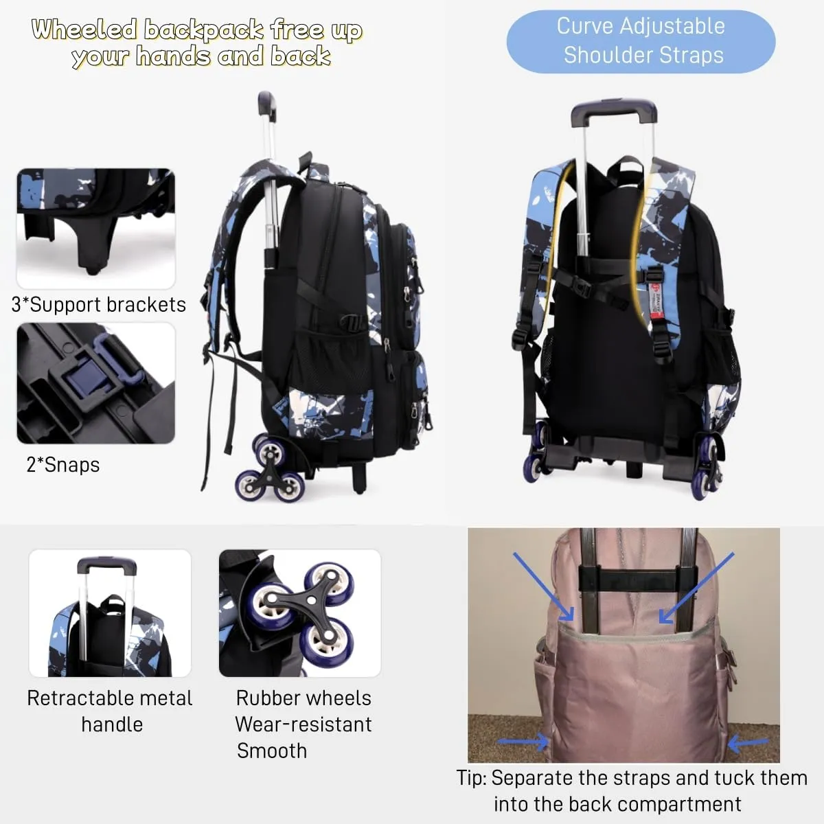 Rolling Backpack for Boys School Backpack with Wheels for Boys Wheeled Bookbags Trolley School Bags for Teens