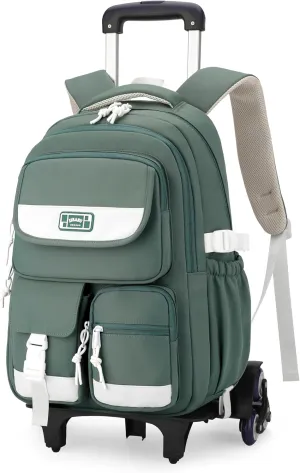 Rolling Backpack for Girls, Roller Backpack with Wheels for Boys, Kids Trolley School Bags Wheeled Bookbag on 6 Wheels, Green