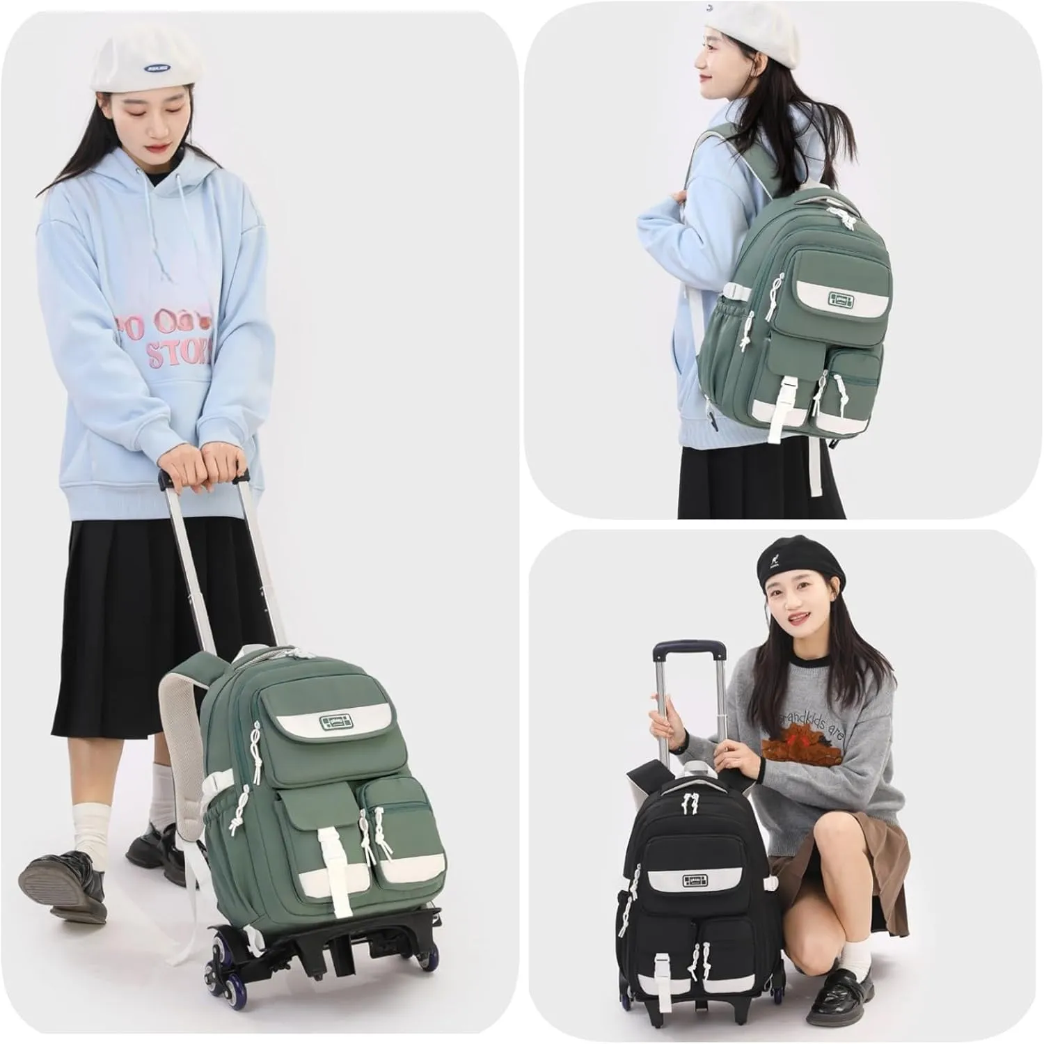 Rolling Backpack for Girls, Roller Backpack with Wheels for Boys, Kids Trolley School Bags Wheeled Bookbag on 6 Wheels, Green