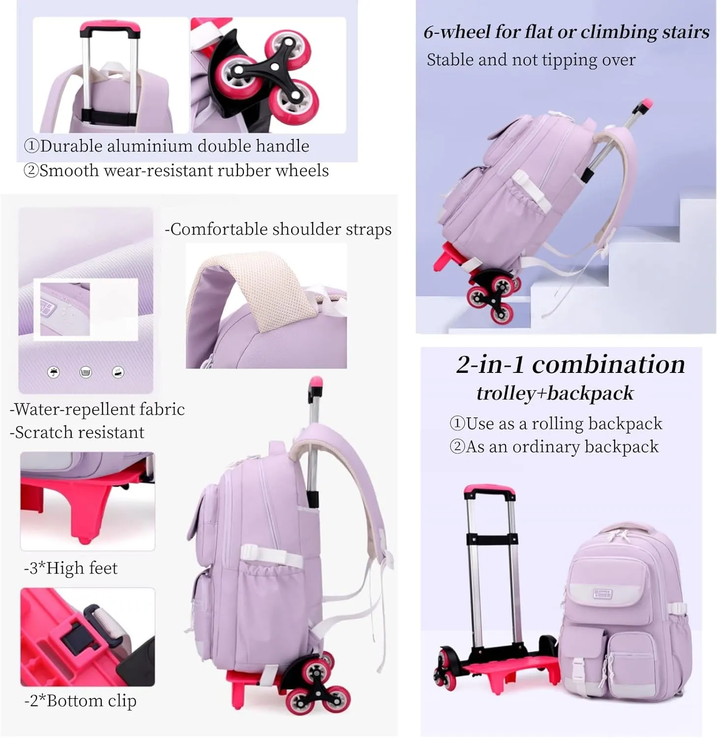 Rolling Backpack for Girls, Roller Backpack with Wheels for Boys, Kids Trolley School Bags Wheeled Bookbag on 6 Wheels, Green