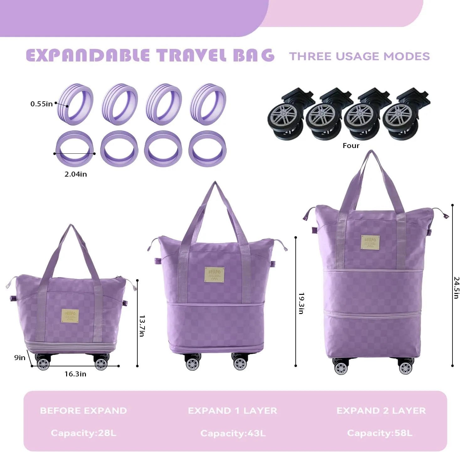 Rolling Duffle Bag with Wheels, 28-58L Expandable Foldable Travel Duffel Bag, Lightweight Carry-On Luggage for Gym, Camping, Weekend Trips, Business Travel, Duffel Bag for Women & Men(Purple)