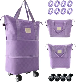 Rolling Duffle Bag with Wheels, 28-58L Expandable Foldable Travel Duffel Bag, Lightweight Carry-On Luggage for Gym, Camping, Weekend Trips, Business Travel, Duffel Bag for Women & Men(Purple)
