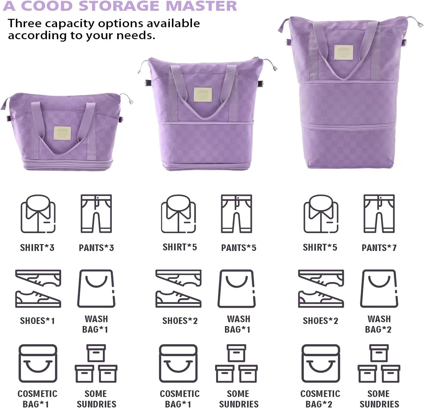 Rolling Duffle Bag with Wheels, 28-58L Expandable Foldable Travel Duffel Bag, Lightweight Carry-On Luggage for Gym, Camping, Weekend Trips, Business Travel, Duffel Bag for Women & Men(Purple)