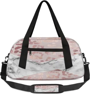 Rose Leopard Marble Pattern Kids Duffel Bag Lightweight Waterproof Sports Gym Bag with Front Zipper Pocket Foldable Weekender Overnight Bag for School Practice Gymnastic Ballet