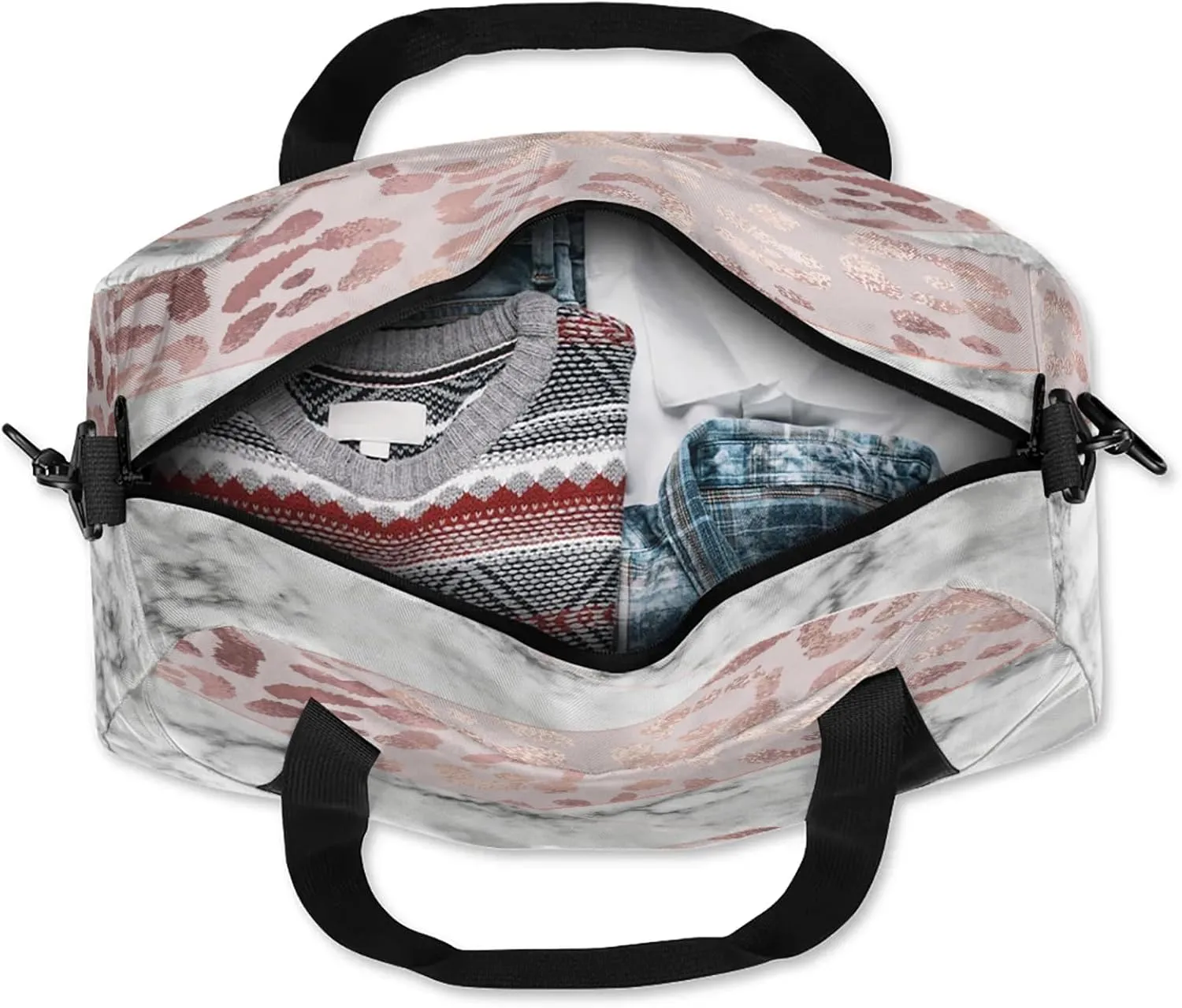 Rose Leopard Marble Pattern Kids Duffel Bag Lightweight Waterproof Sports Gym Bag with Front Zipper Pocket Foldable Weekender Overnight Bag for School Practice Gymnastic Ballet