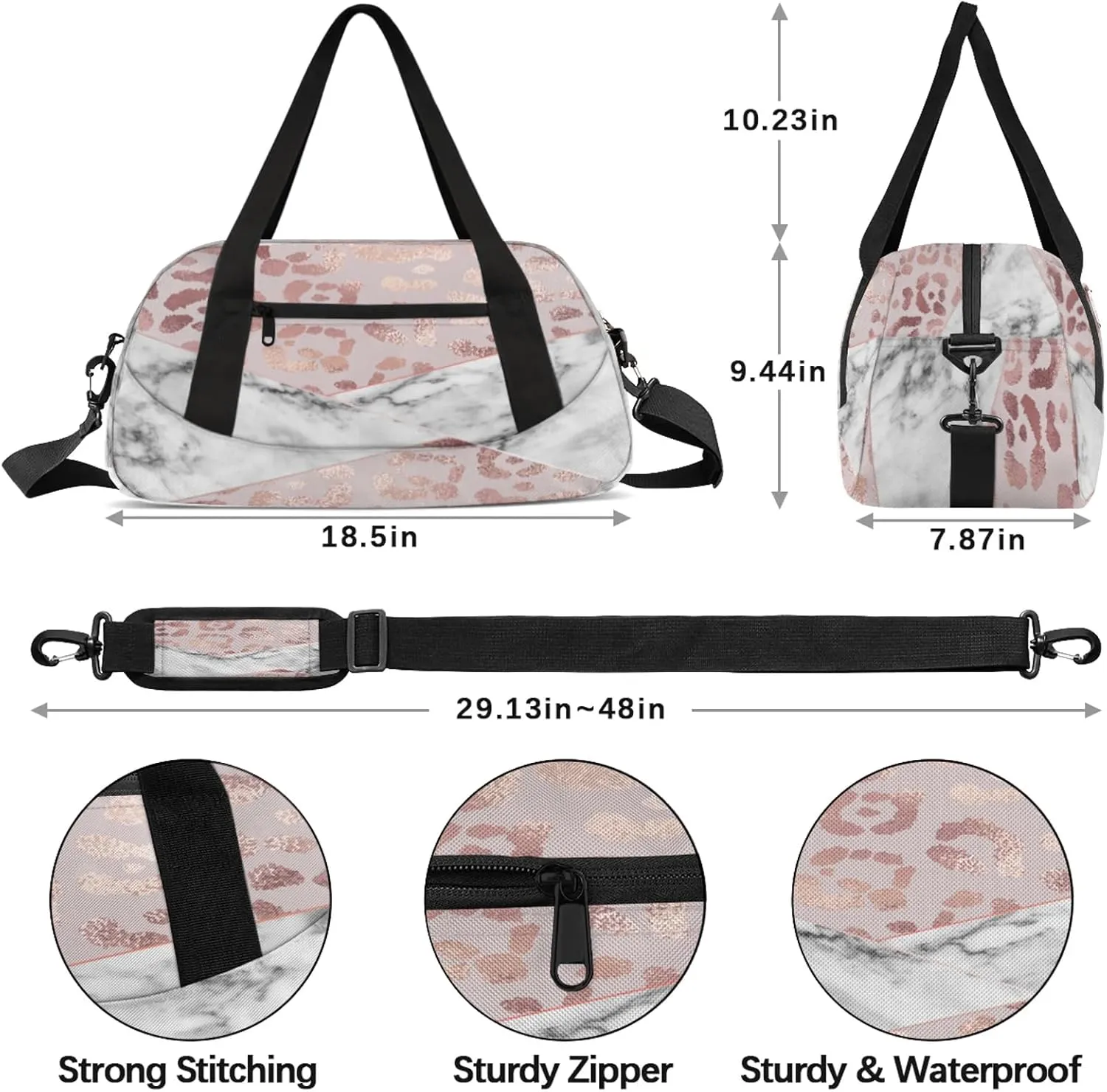 Rose Leopard Marble Pattern Kids Duffel Bag Lightweight Waterproof Sports Gym Bag with Front Zipper Pocket Foldable Weekender Overnight Bag for School Practice Gymnastic Ballet