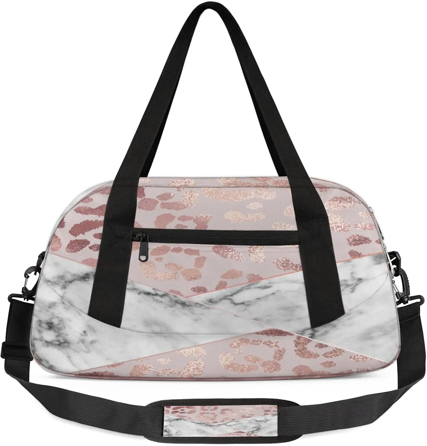 Rose Leopard Marble Pattern Kids Duffel Bag Lightweight Waterproof Sports Gym Bag with Front Zipper Pocket Foldable Weekender Overnight Bag for School Practice Gymnastic Ballet