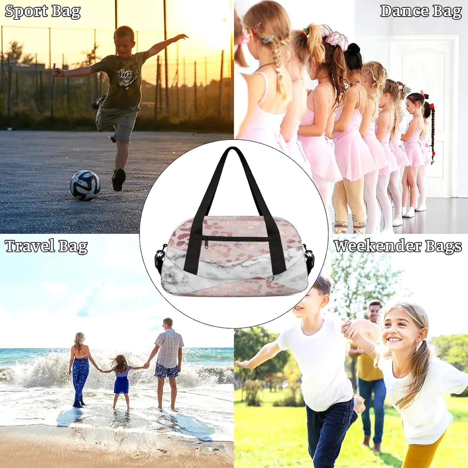 Rose Leopard Marble Pattern Kids Duffel Bag Lightweight Waterproof Sports Gym Bag with Front Zipper Pocket Foldable Weekender Overnight Bag for School Practice Gymnastic Ballet