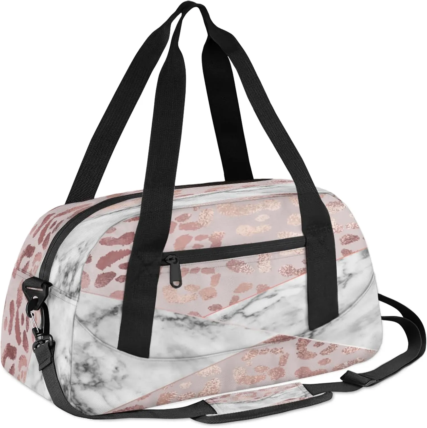 Rose Leopard Marble Pattern Kids Duffel Bag Lightweight Waterproof Sports Gym Bag with Front Zipper Pocket Foldable Weekender Overnight Bag for School Practice Gymnastic Ballet
