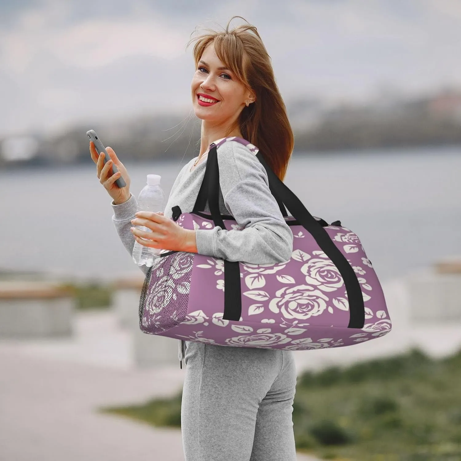 Rose Pattern Travel Duffel Bag Large Foldable Waterproof Overnight Bag For Beach Swim Bags Pool Sports Gym