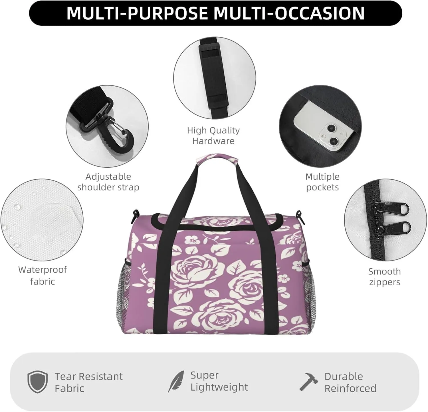 Rose Pattern Travel Duffel Bag Large Foldable Waterproof Overnight Bag For Beach Swim Bags Pool Sports Gym