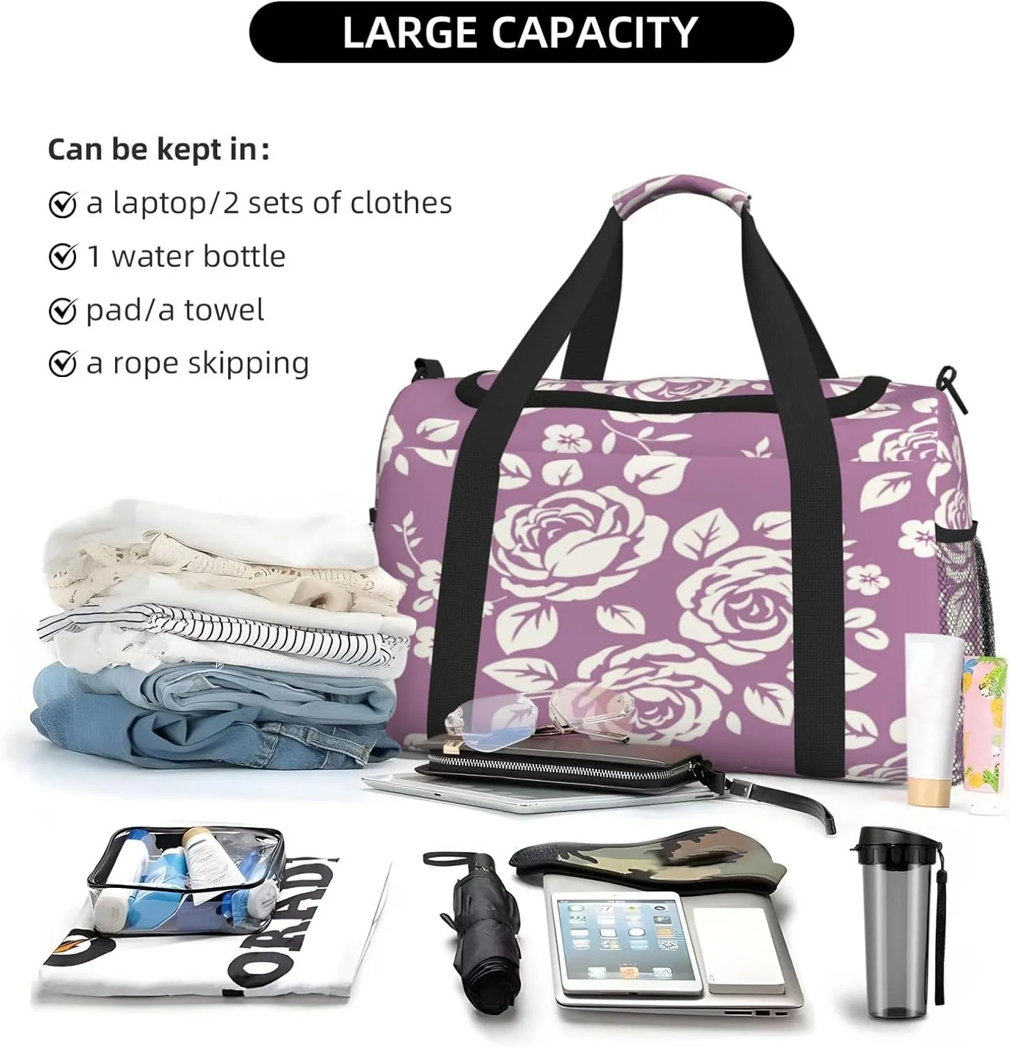 Rose Pattern Travel Duffel Bag Large Foldable Waterproof Overnight Bag For Beach Swim Bags Pool Sports Gym