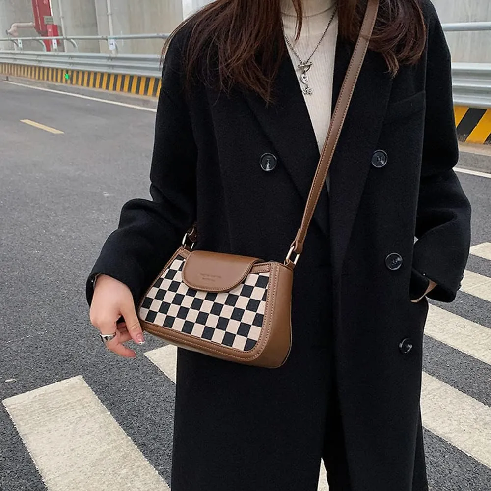 RTGGSEL Women's Contrast Color Plaid Striped Saddle Crossbody Shoulder Underarm Satchel Handbag Tote Clutch Purse Hobo Bag