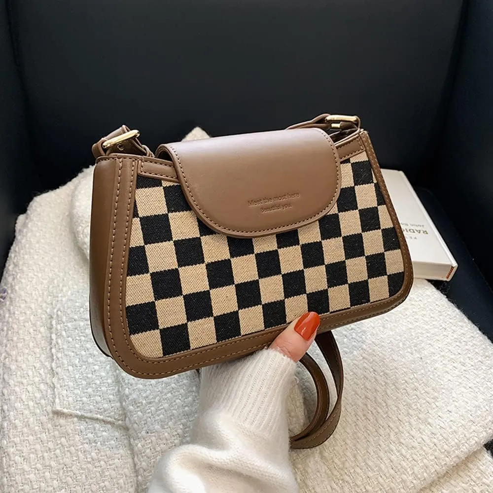 RTGGSEL Women's Contrast Color Plaid Striped Saddle Crossbody Shoulder Underarm Satchel Handbag Tote Clutch Purse Hobo Bag