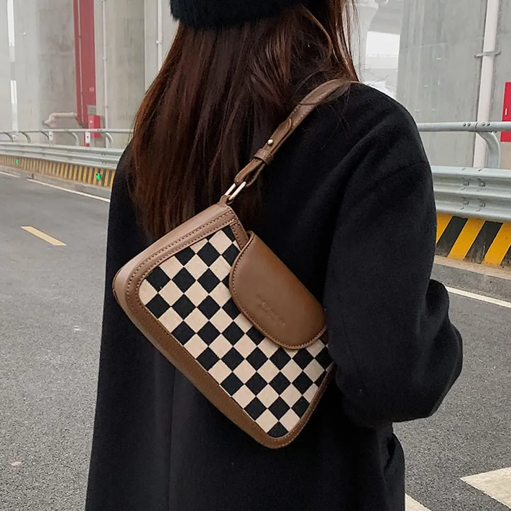 RTGGSEL Women's Contrast Color Plaid Striped Saddle Crossbody Shoulder Underarm Satchel Handbag Tote Clutch Purse Hobo Bag