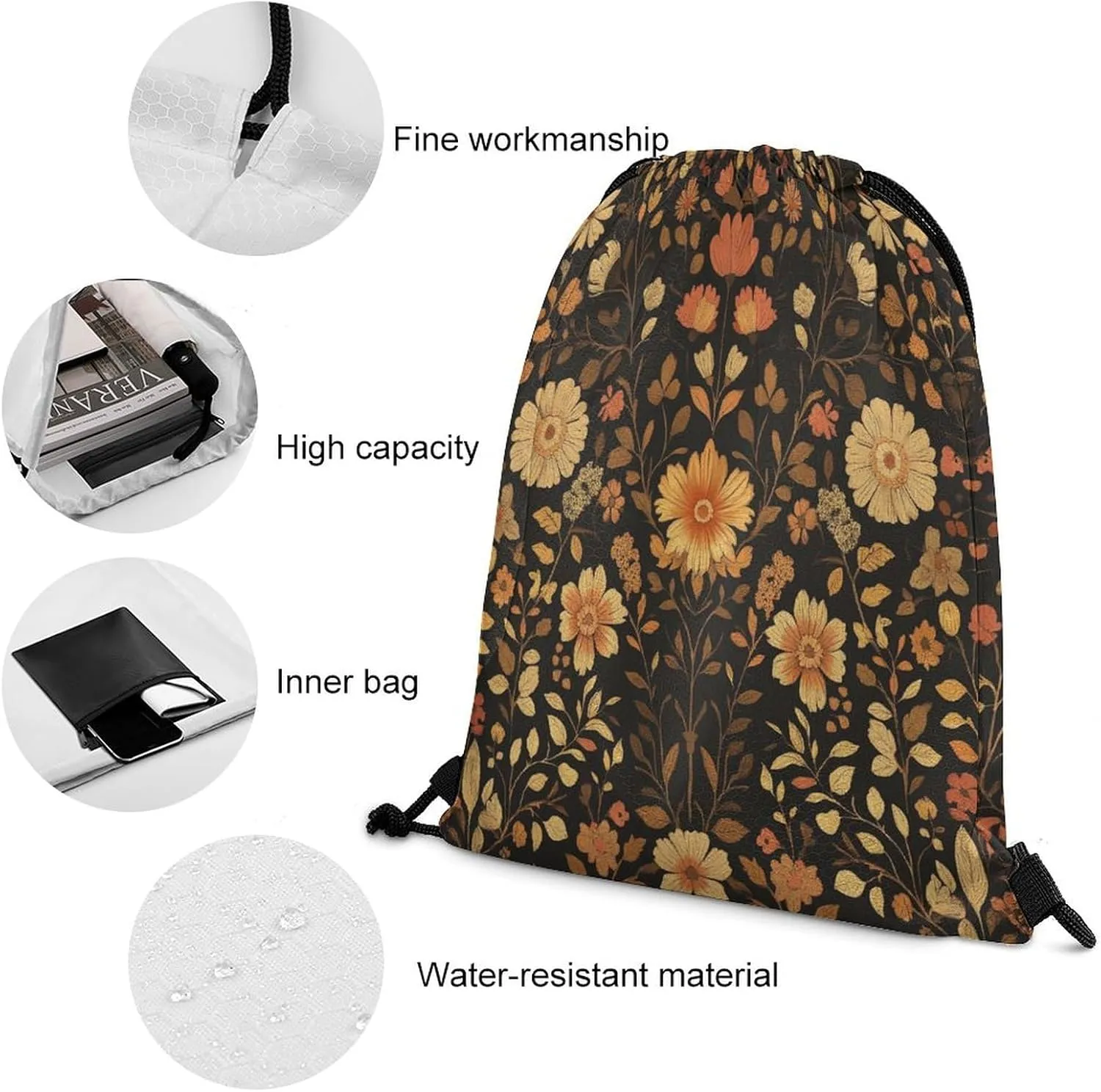 Rustic William Morris Daisy Drawstring Backpack,Drawstring Sackpack Drawstring Bags Cinch Bags Sports