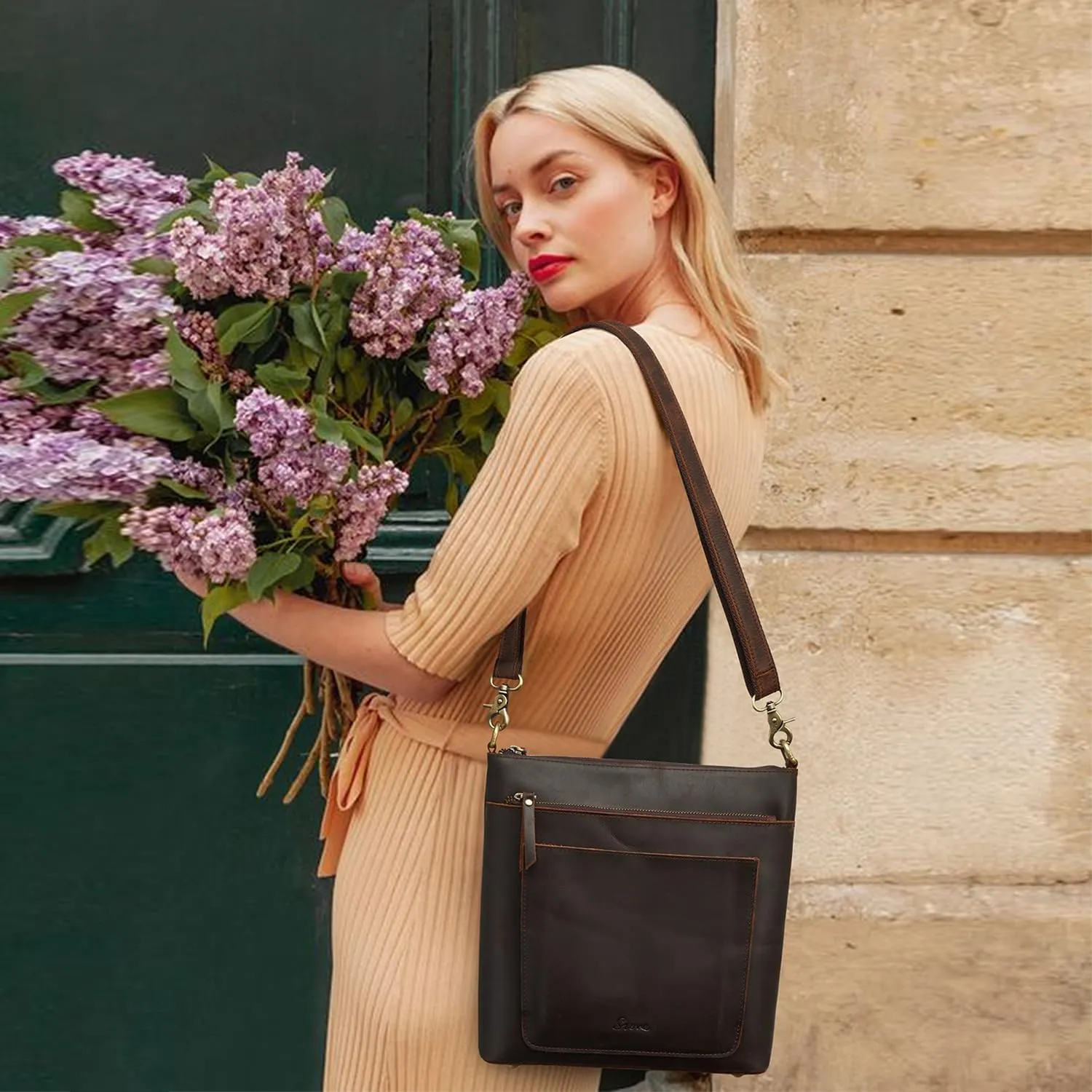S-ZONE Leather Crossbody Bag for Women Vintage Cross Body Bags Shoulder Purse Ladies Medium Handbag with Multi Pockets