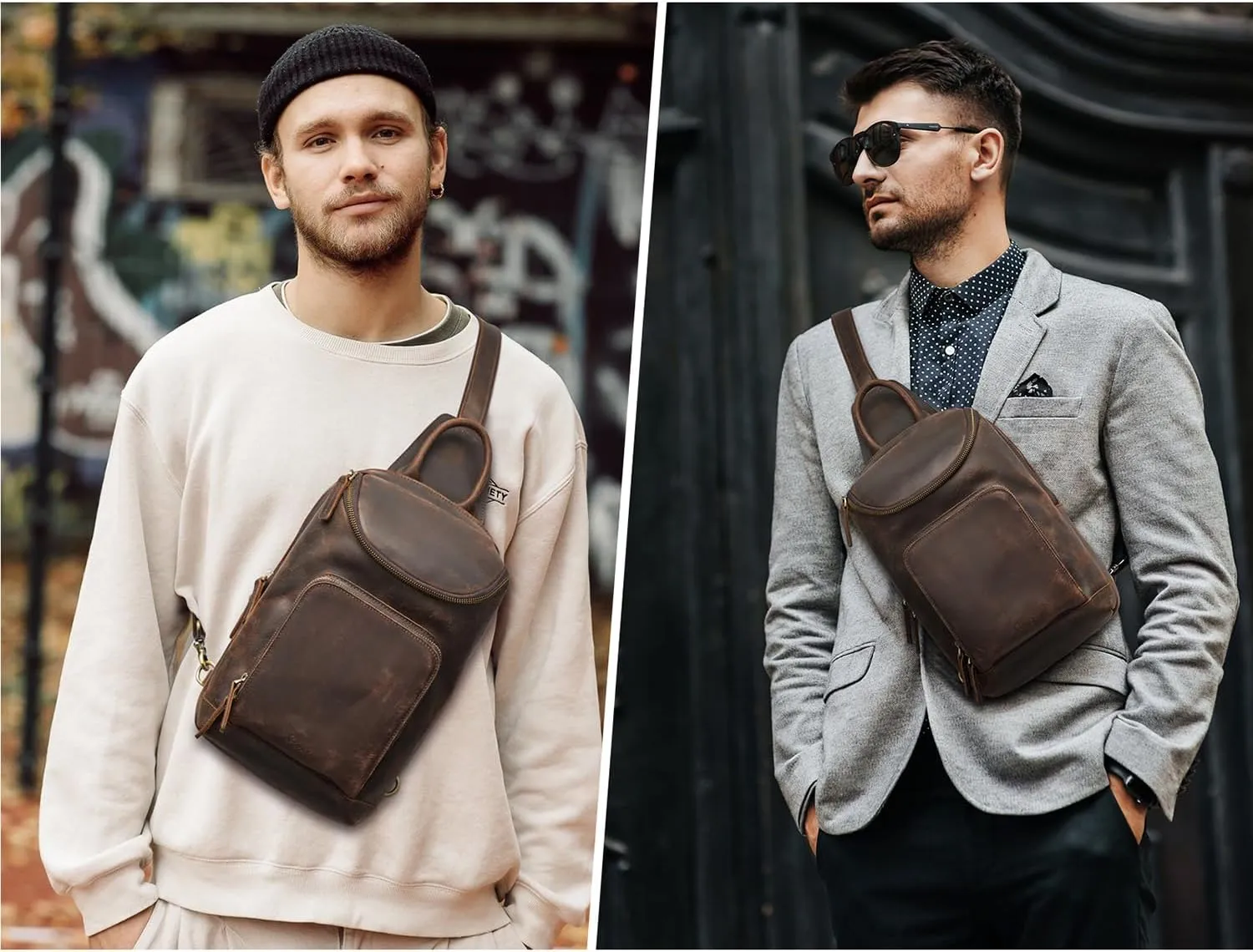 S-ZONE Sling Bag for Women Men Genuine Leather Vintage Crossbody Chest Bags Backpack Daypack Outdoor Travel