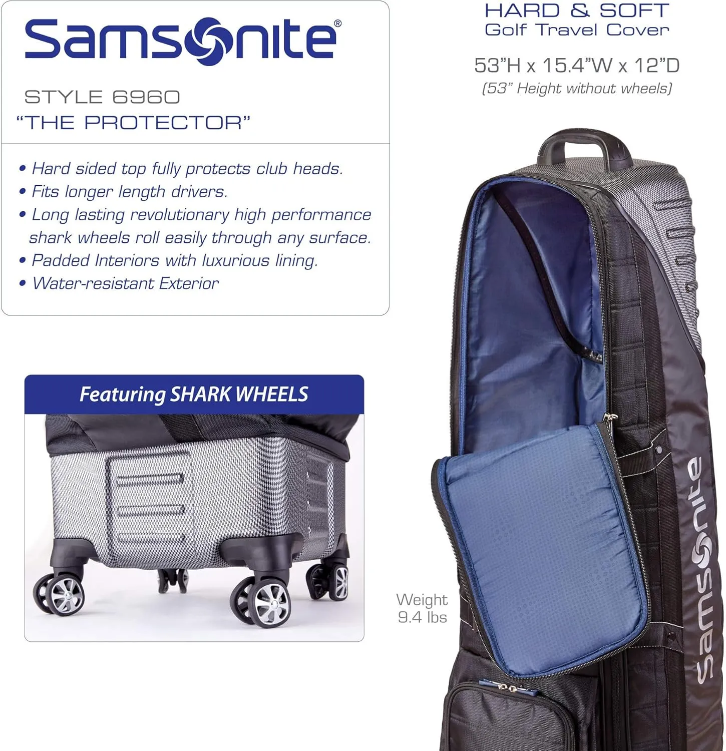Samsonite "The Protector Hardside and Softside Golf Travel Bag with Shark Wheels, Waterproof Exterior