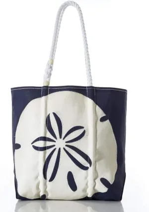 Sea Bags Recycled Sail Cloth White on Navy Sand Dollar Medium Tote Travel Tote Bag, Carry On Bag, Tote Bag for Work Rope Handles