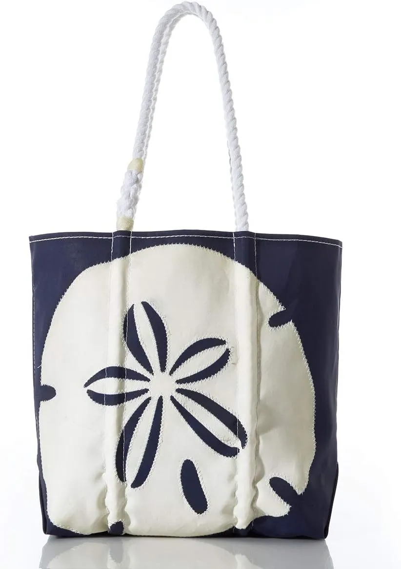 Sea Bags Recycled Sail Cloth White on Navy Sand Dollar Medium Tote Travel Tote Bag, Carry On Bag, Tote Bag for Work Rope Handles