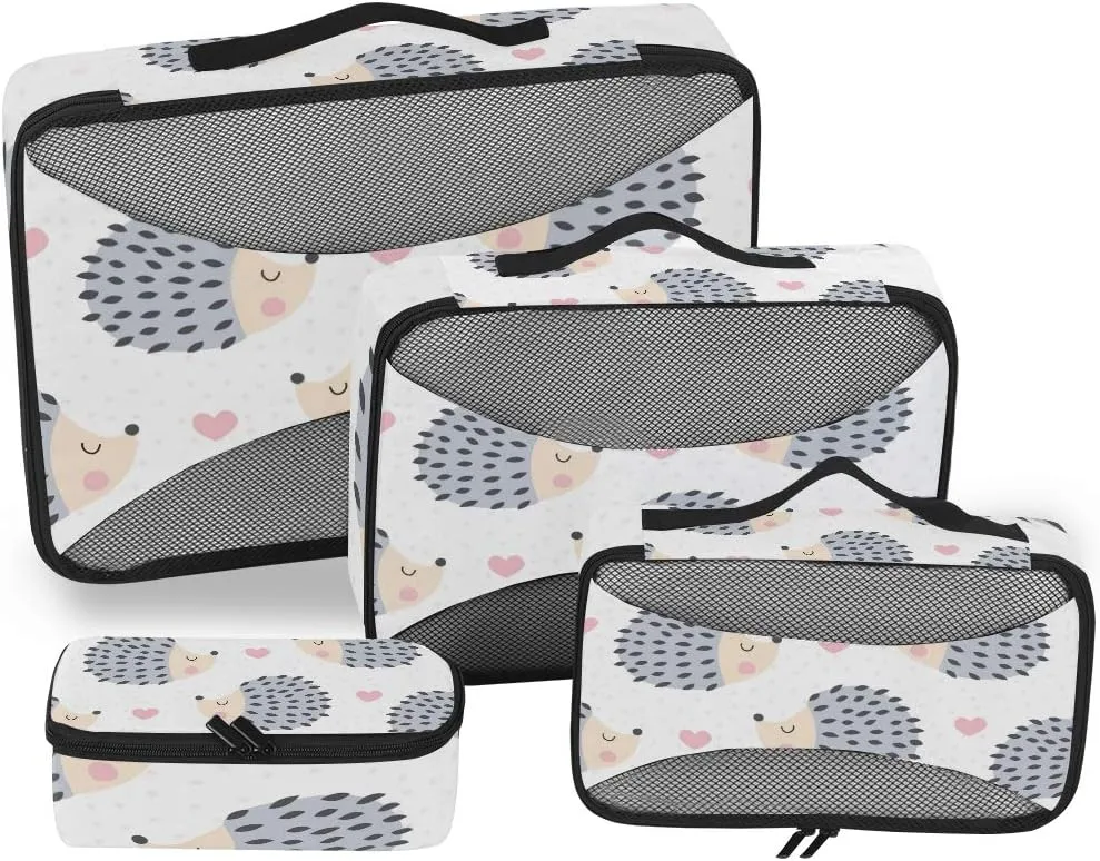 Seamless Cute Hedgehog Animal Pattern Travel Organizer Packing Cube Set of 4 Pcs Luggage Organizer Suitcase Storage Bag for Travel Business Camping Hiking Accessory