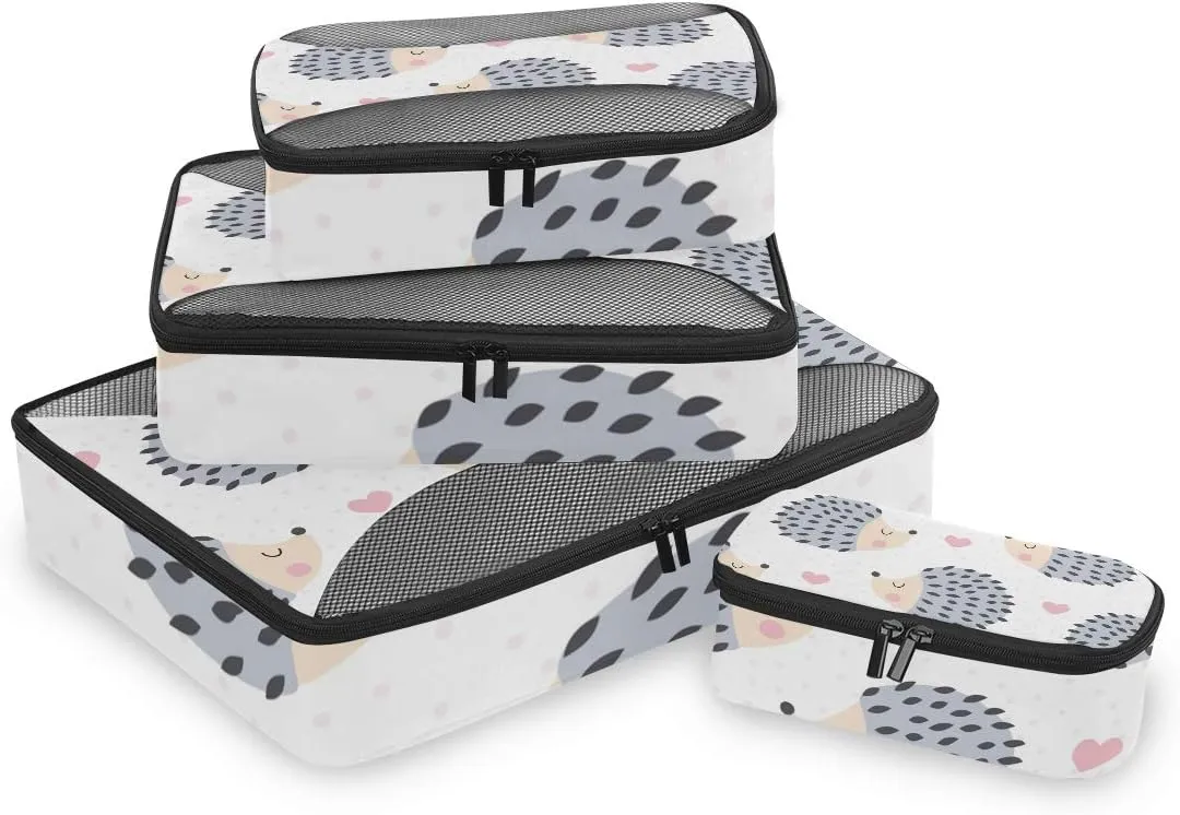 Seamless Cute Hedgehog Animal Pattern Travel Organizer Packing Cube Set of 4 Pcs Luggage Organizer Suitcase Storage Bag for Travel Business Camping Hiking Accessory