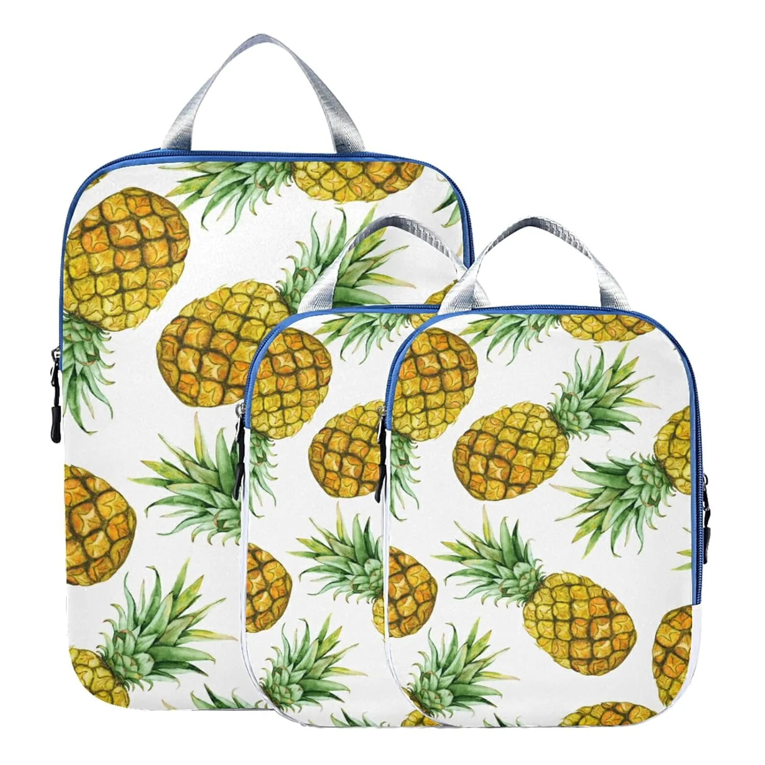 Seamless Pattern with Yellow Watercolor Pineapples with Green Leaves 3 Piece set Cubes Expandable Adjustable Luggage Packing Bags, Ultralight Organizer Accessories Travel Suitcase Compressible Bags