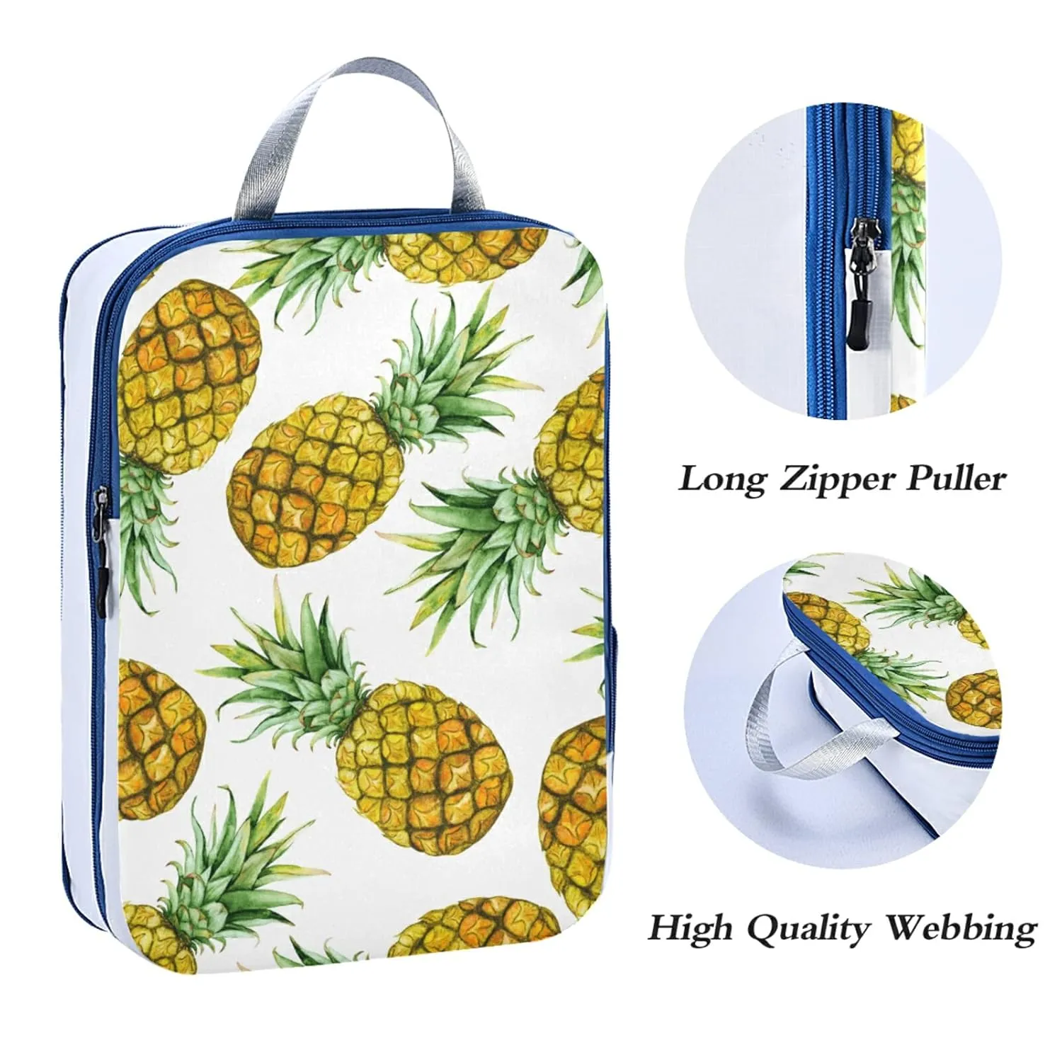 Seamless Pattern with Yellow Watercolor Pineapples with Green Leaves 3 Piece set Cubes Expandable Adjustable Luggage Packing Bags, Ultralight Organizer Accessories Travel Suitcase Compressible Bags