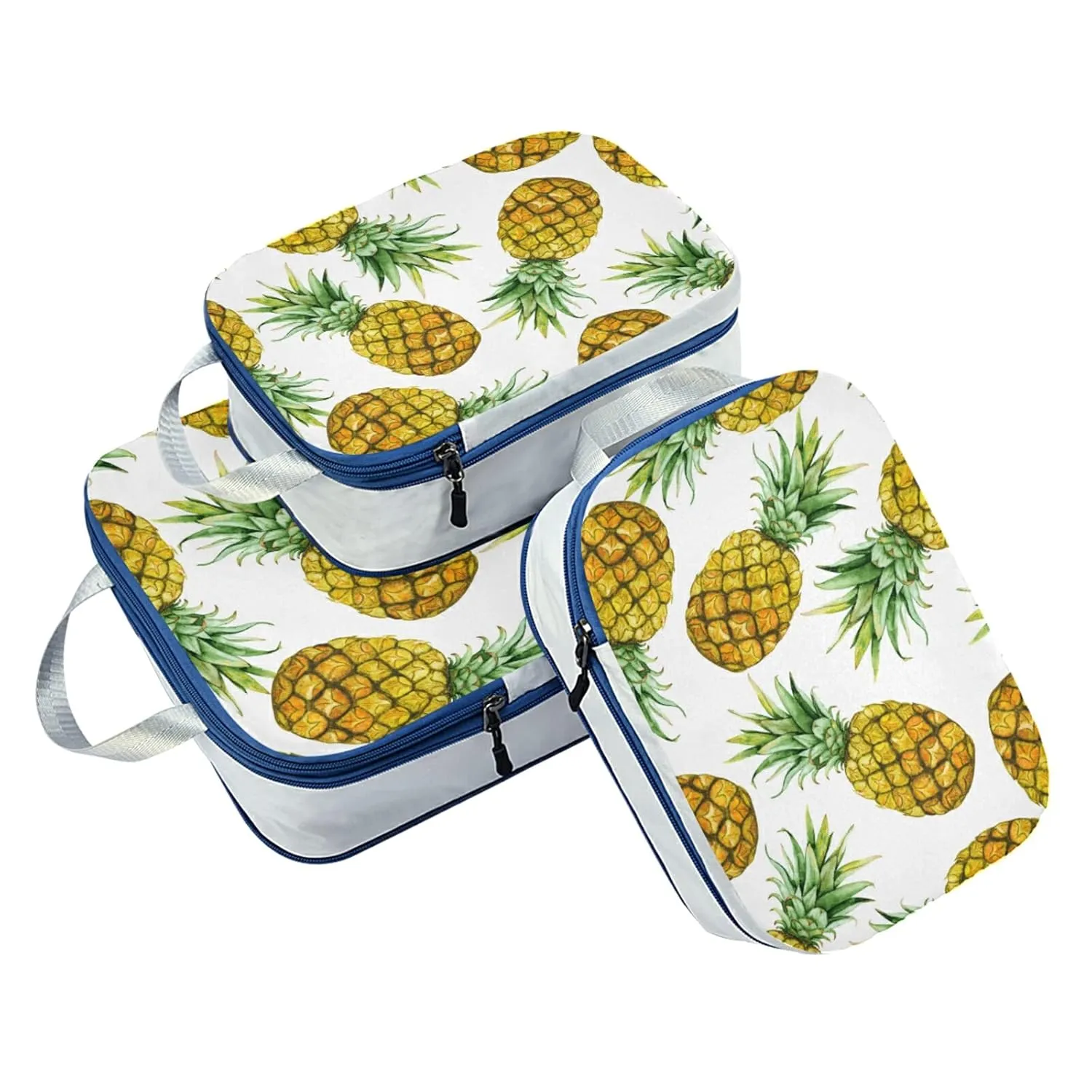 Seamless Pattern with Yellow Watercolor Pineapples with Green Leaves 3 Piece set Cubes Expandable Adjustable Luggage Packing Bags, Ultralight Organizer Accessories Travel Suitcase Compressible Bags