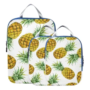 Seamless Pattern with Yellow Watercolor Pineapples with Green Leaves 3 Piece set Cubes Expandable Adjustable Luggage Packing Bags, Ultralight Organizer Accessories Travel Suitcase Compressible Bags