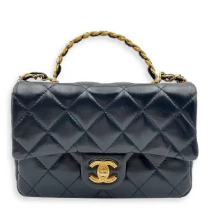Seasonal Top Handle with double link Chain 20x13x5.5cm Navy Blue Top Handle Bag in Shiny lambskin, Gold hardware