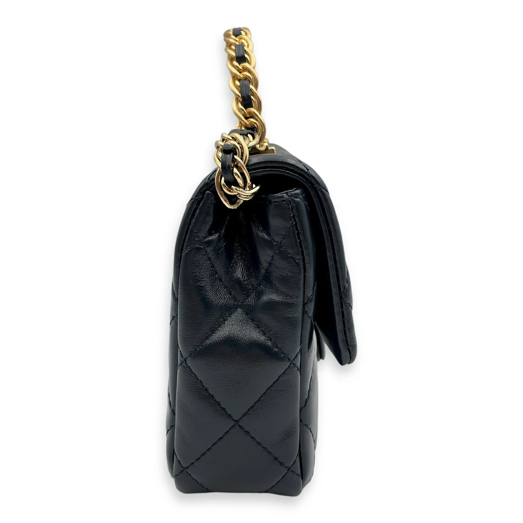 Seasonal Top Handle with double link Chain 20x13x5.5cm Navy Blue Top Handle Bag in Shiny lambskin, Gold hardware