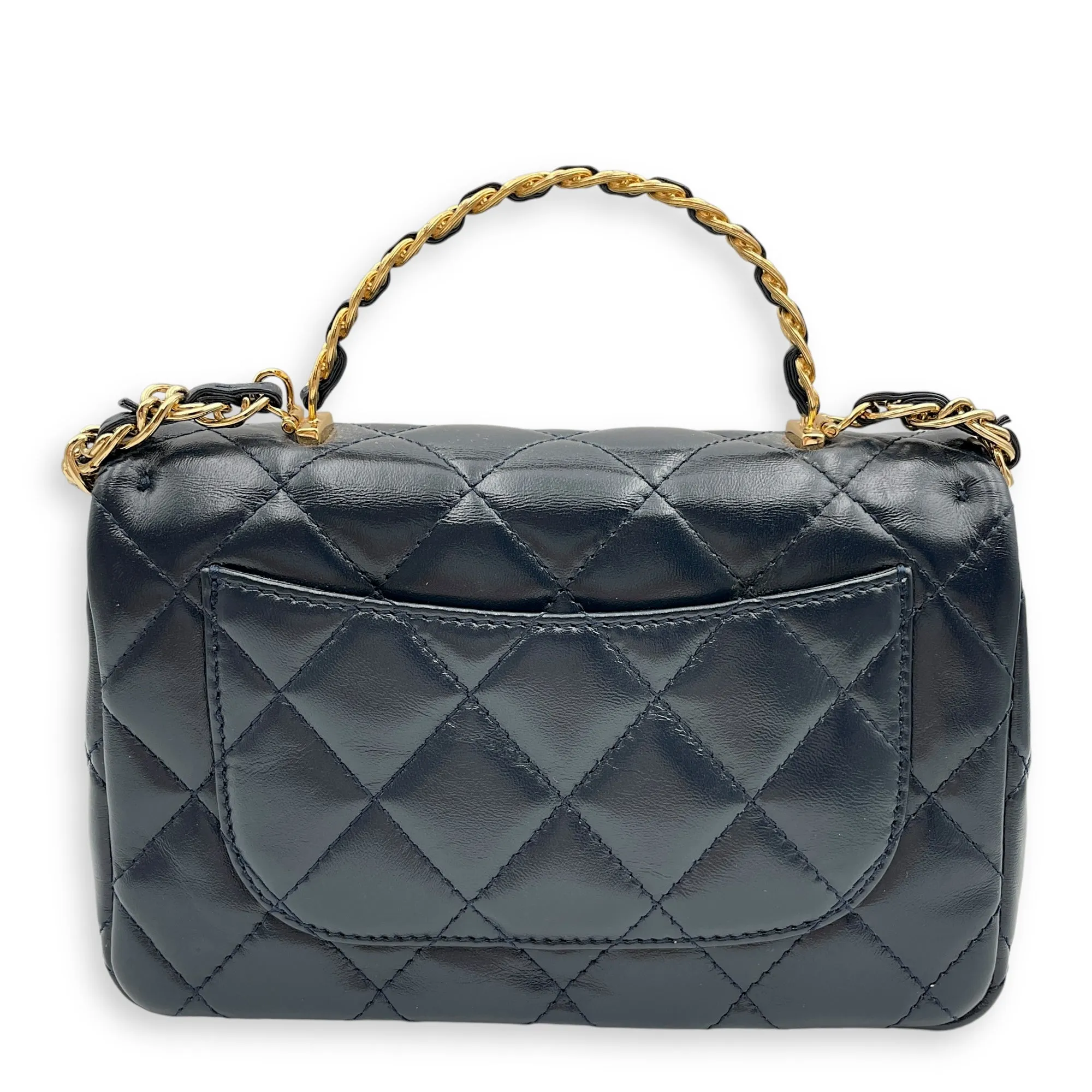 Seasonal Top Handle with double link Chain 20x13x5.5cm Navy Blue Top Handle Bag in Shiny lambskin, Gold hardware