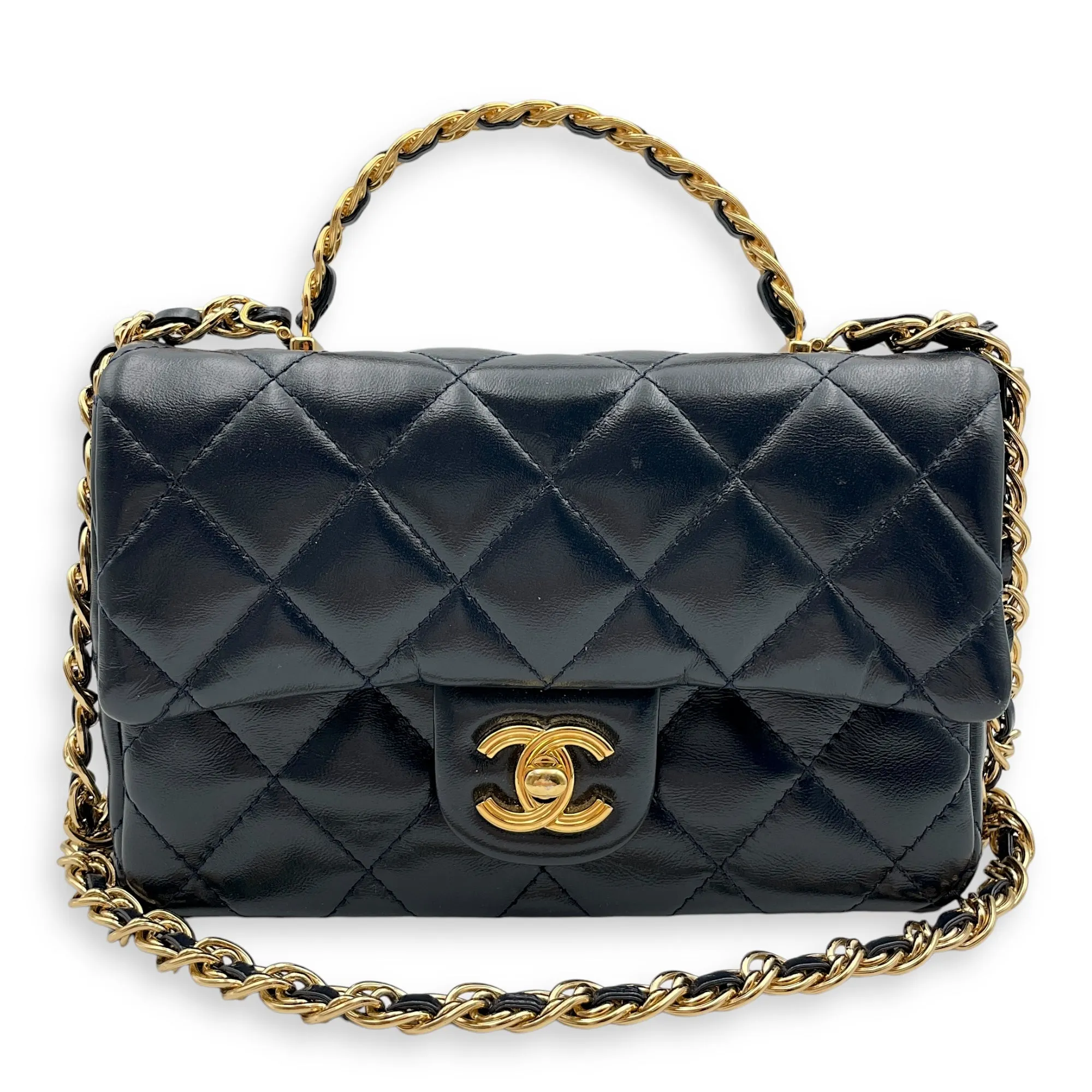 Seasonal Top Handle with double link Chain 20x13x5.5cm Navy Blue Top Handle Bag in Shiny lambskin, Gold hardware