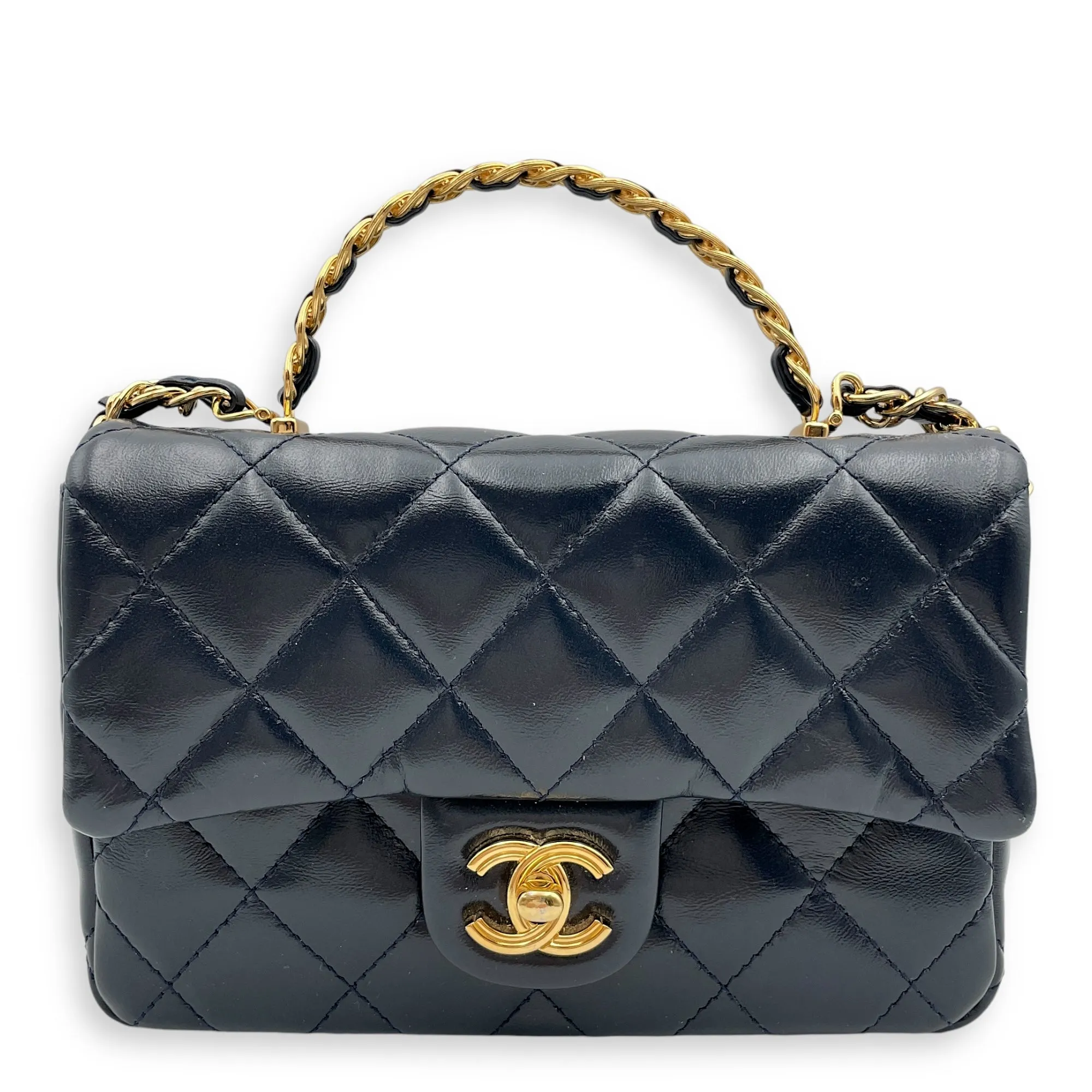 Seasonal Top Handle with double link Chain 20x13x5.5cm Navy Blue Top Handle Bag in Shiny lambskin, Gold hardware