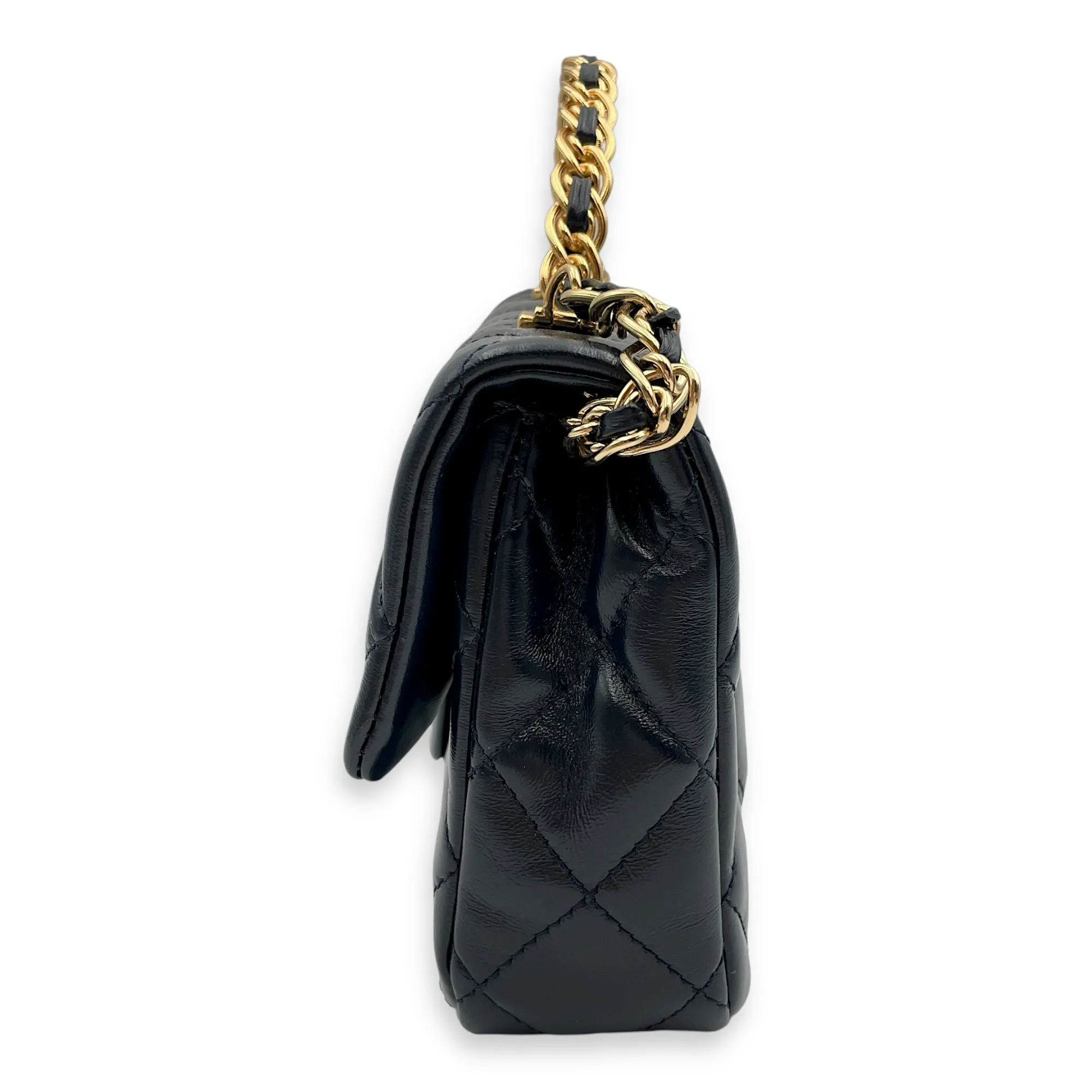 Seasonal Top Handle with double link Chain 20x13x5.5cm Navy Blue Top Handle Bag in Shiny lambskin, Gold hardware