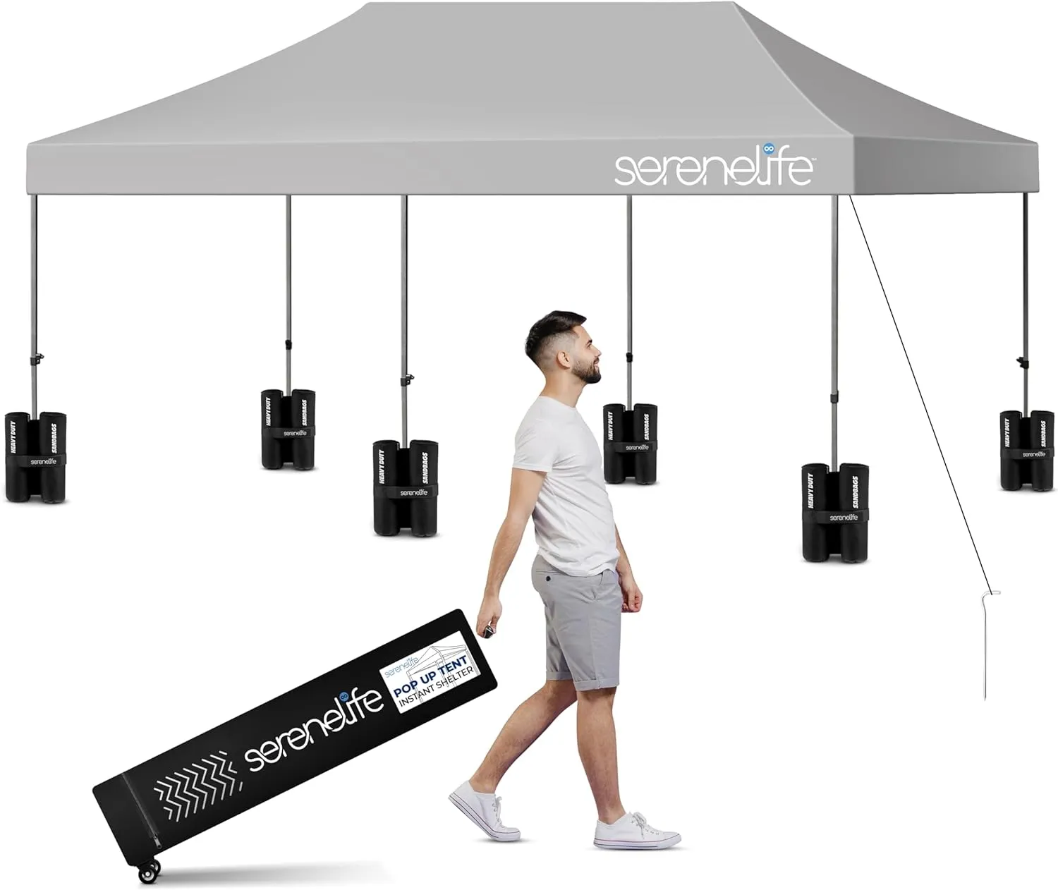SereneLife 10x20 ft. Outdoor Pop-Up Canopy, Easy Setup Waterproof Polyester Tent, Portable with Wheeled Carry Bag, Sand Bags, UV Protection, Foldable Tent Canopy for Sports, Events, Festivals (Gray)