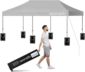 SereneLife 10x20 ft. Outdoor Pop-Up Canopy, Easy Setup Waterproof Polyester Tent, Portable with Wheeled Carry Bag, Sand Bags, UV Protection, Foldable Tent Canopy for Sports, Events, Festivals (Gray)