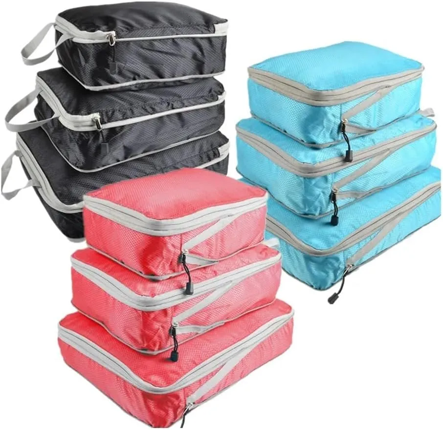 Set/3 Pieces Compressible Packing Travel Storage Bag Cubes Waterproof Suitcase Nylon Portable With Handbag Luggage Organizer(SNX-3SET-Matte Black)