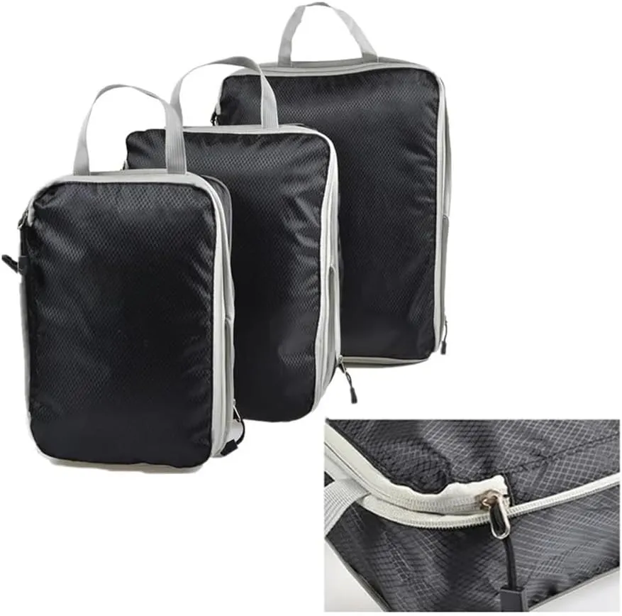 Set/3 Pieces Compressible Packing Travel Storage Bag Cubes Waterproof Suitcase Nylon Portable With Handbag Luggage Organizer(SNX-3SET-Matte Black)