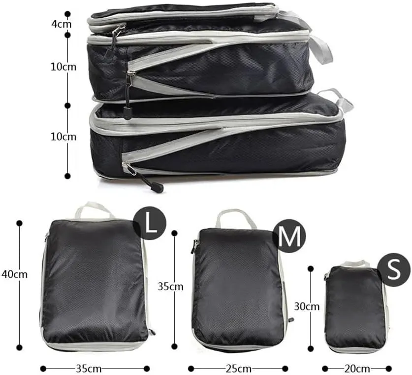 Set/3 Pieces Compressible Packing Travel Storage Bag Cubes Waterproof Suitcase Nylon Portable With Handbag Luggage Organizer(SNX-3SET-Matte Black)