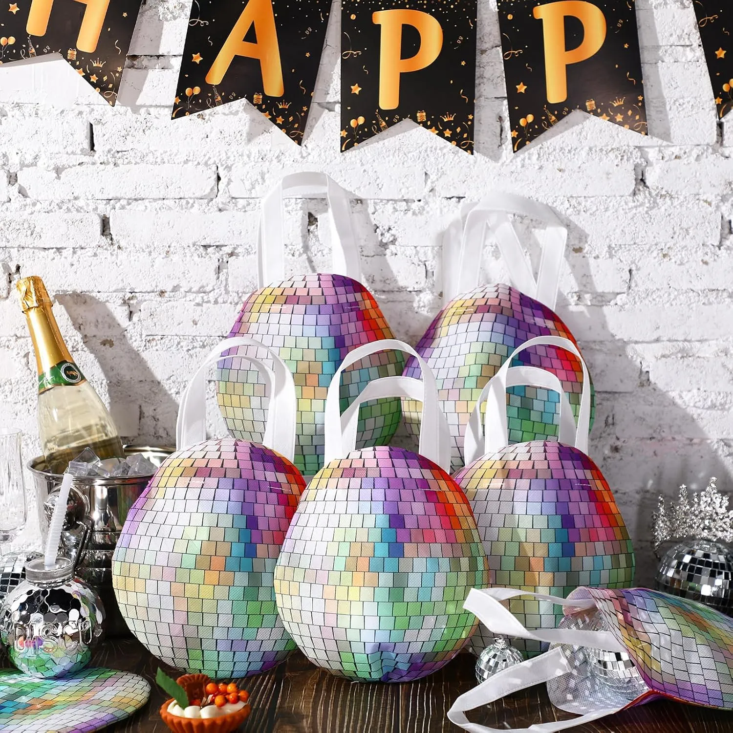 Shihanee 24 Pcs Disco Party Favor Bags Disco Dance Themed Birthday Party Goody Candy Bags Non Woven Gift Handbag for 70s 80s 90s Favor Supplies