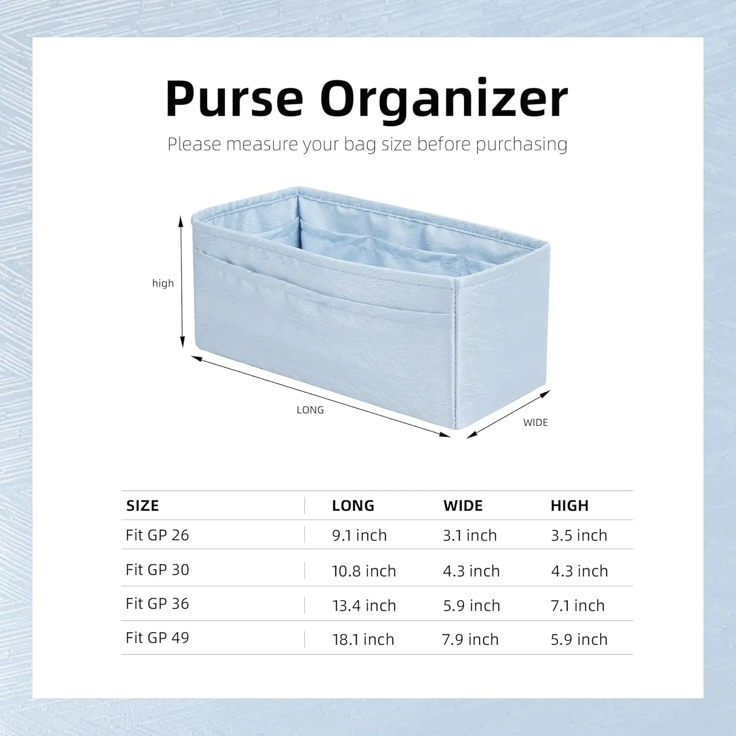 Silk Purse Organizer Insert for Garden Party 26/30/36/49, Silky Soft Bag Organizer Liner, Lightweight Luxury Handbag Tote Shaper(GP30,Blue Pale)
