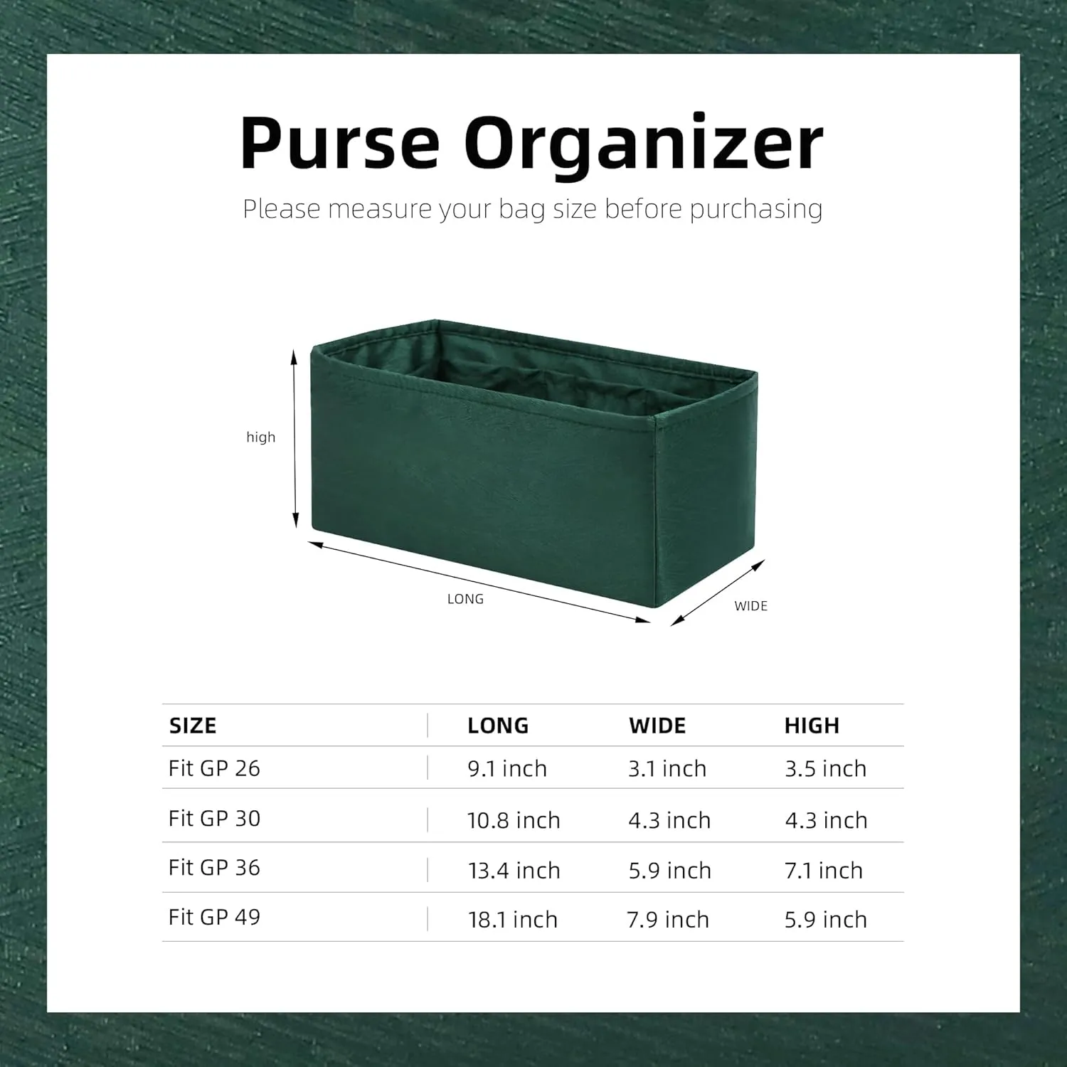 Silk Purse Organizer Insert for Garden Party 26/30/36/49, Silky Soft Bag Organizer Liner, Lightweight Luxury Handbag Tote Shaper(GP30,Dark Green)