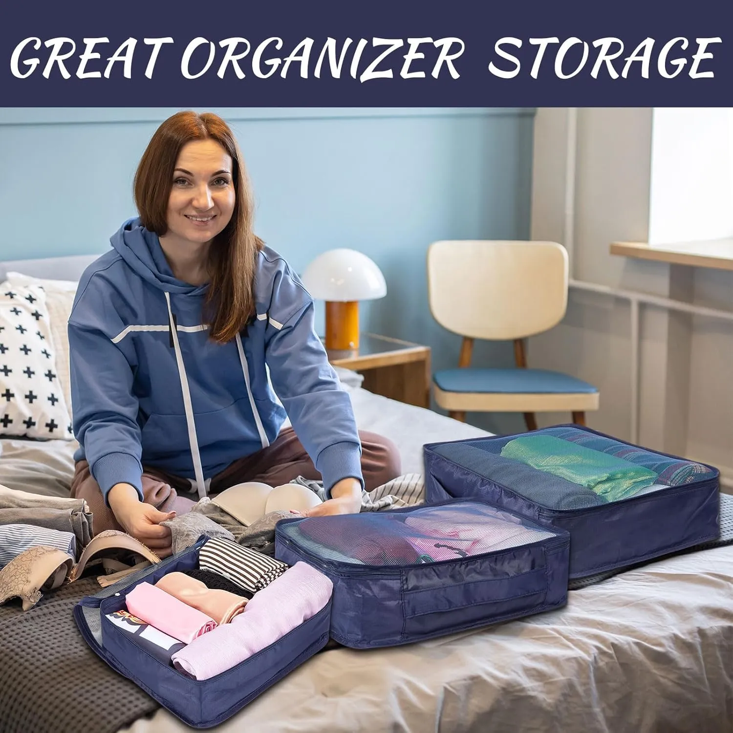 Silkfly 12 Pcs Packing Cubes for Suitcase Travel Luggage Bags Bulk Mesh Organizer Set for Hiking Camping Backpacking Clothes Accessories (Navy Blue,XL, L, M Size)
