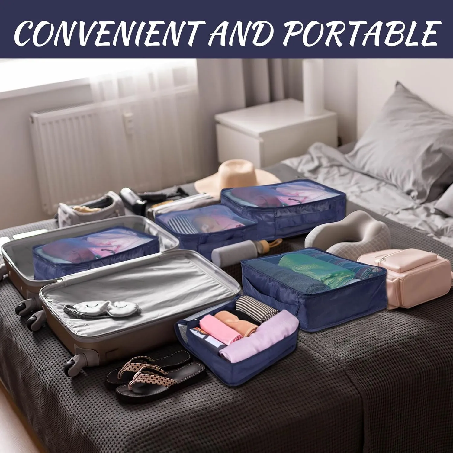 Silkfly 12 Pcs Packing Cubes for Suitcase Travel Luggage Bags Bulk Mesh Organizer Set for Hiking Camping Backpacking Clothes Accessories (Navy Blue,XL, L, M Size)