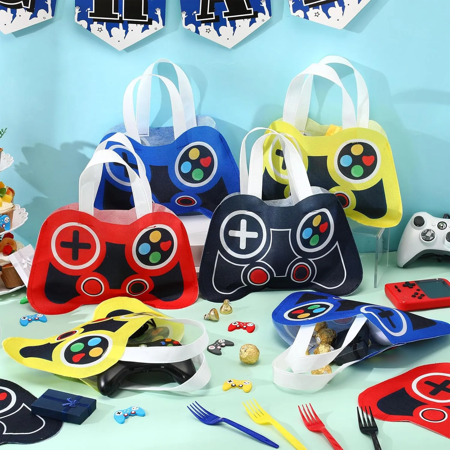 Silkfly 24 Pcs Video Game Party Favor Bags Non Woven Reusable Gaming Goodie Treat Gift Bags with Handles Gaming Party Supplies(4 Colors)